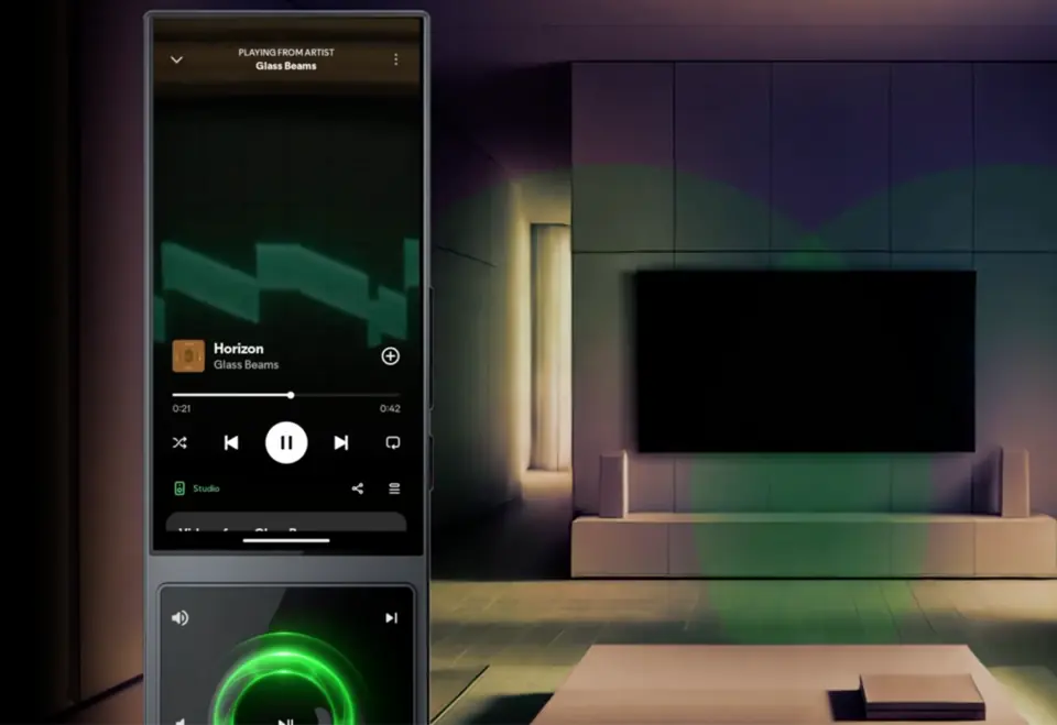 Interfaz AVA controlando la música y la iluminación de una sala