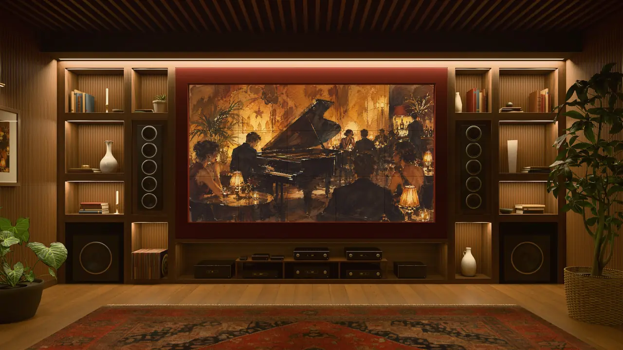 Sala de jazz en madera oscura vista desde la butaca: pantalla con marco de terciopelo y una acuarela de un club de jazz, mueble con equipos, plafón de listones y tapete persa