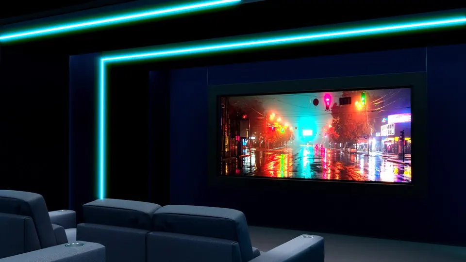 Sala de cine en casa en penumbra azul: butacas de piel al frente, líneas de luz turquesa en muros y techo, y al fondo una pantalla Display Technologies enmarcada en negro con una calle nocturna proyectada.