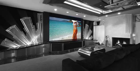 Pantalla de proyección Screen Research en una sala en blanco y negro