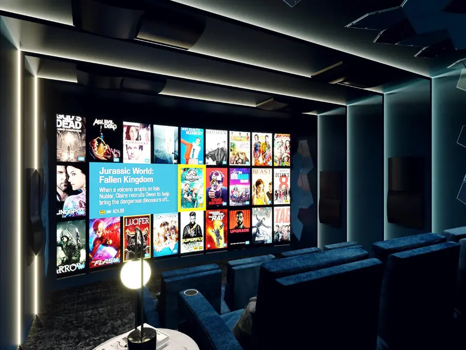 Cine en casa oscuro con pantalla Screen Research de gran formato
