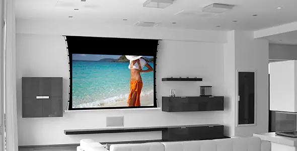 Pantalla fija Screen Research Classic Line en un muro blanco