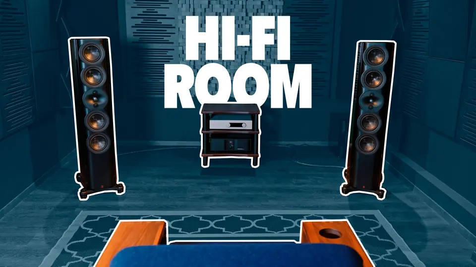 The Hi-Fi Room: dos torres Perlisten a los lados de un rack con electrónica Trinnov, bajo el rótulo "HI-FI ROOM"